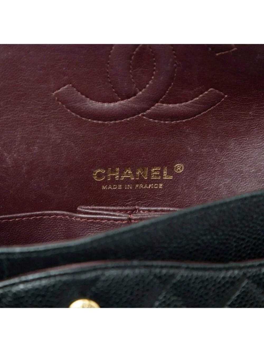 Chanel CC Logo Quilted Double Flap Chain Shoulder Bag Black Gold Caviar Leather